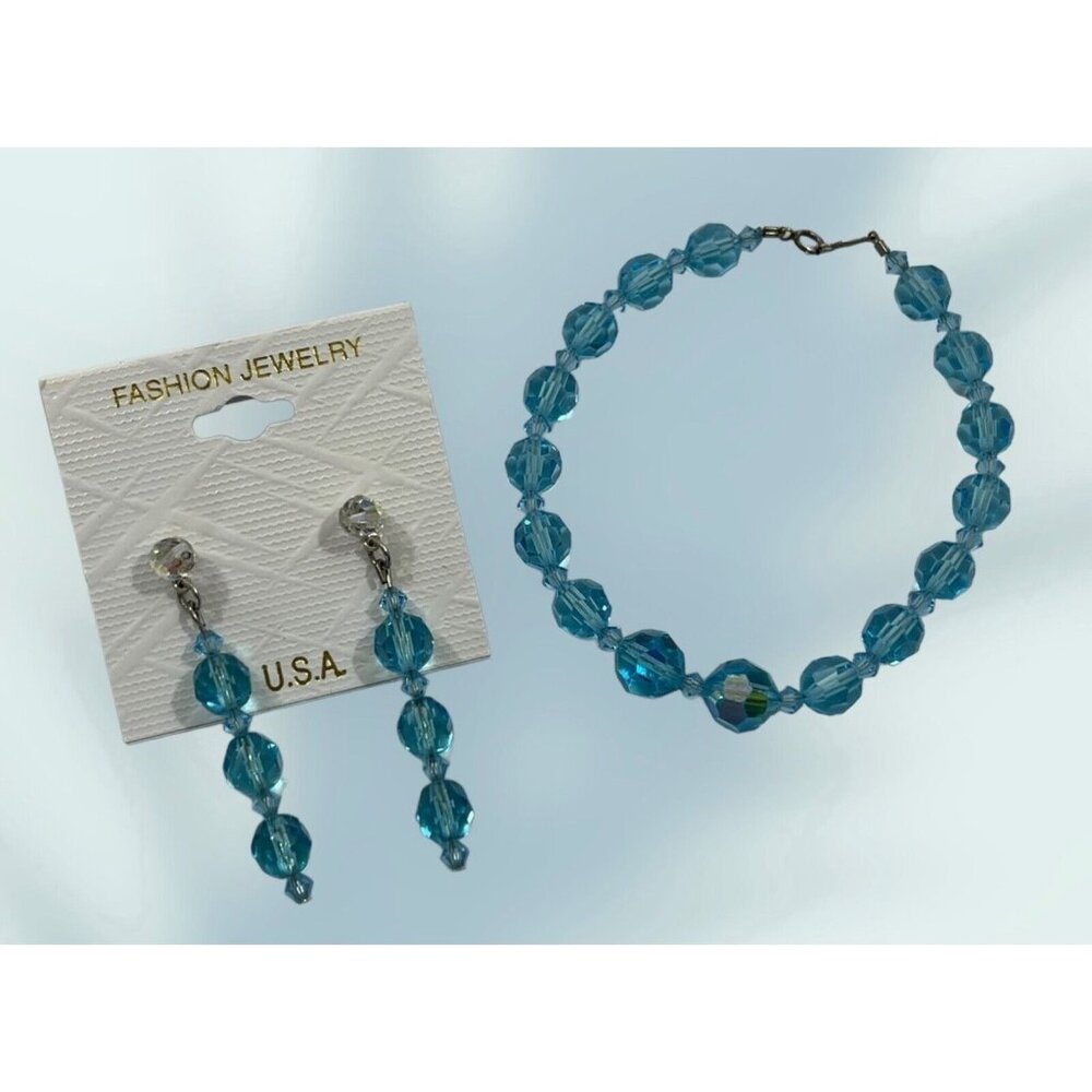 Vintage Czech Crystal AB Bracelet 8" Matching Pierced Dangle Earrings 2" Blue